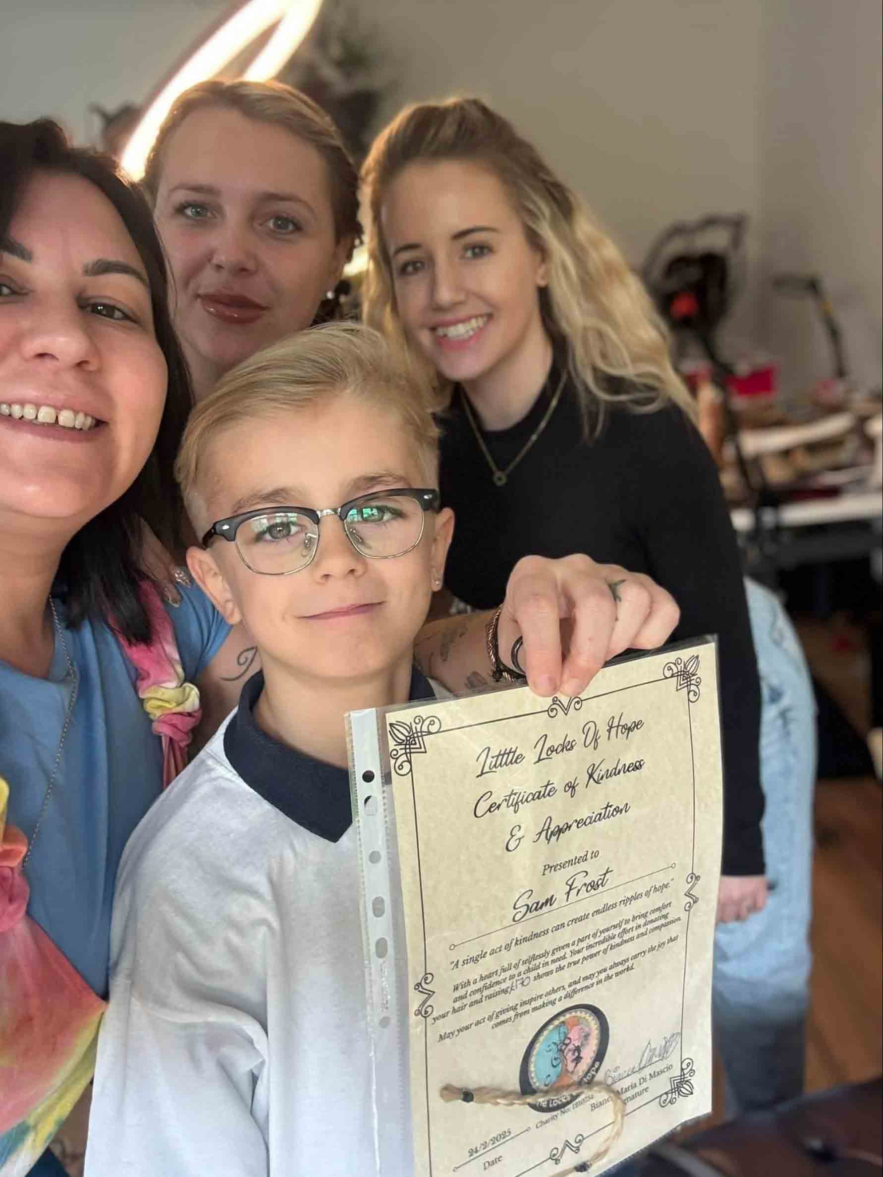 Family moment after receiving wig
